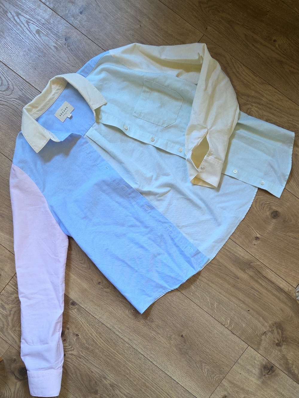 Sezane Colorblock Button-Down Shirt in Pastel Blue, Pink & Cream - Picture 2 of 5